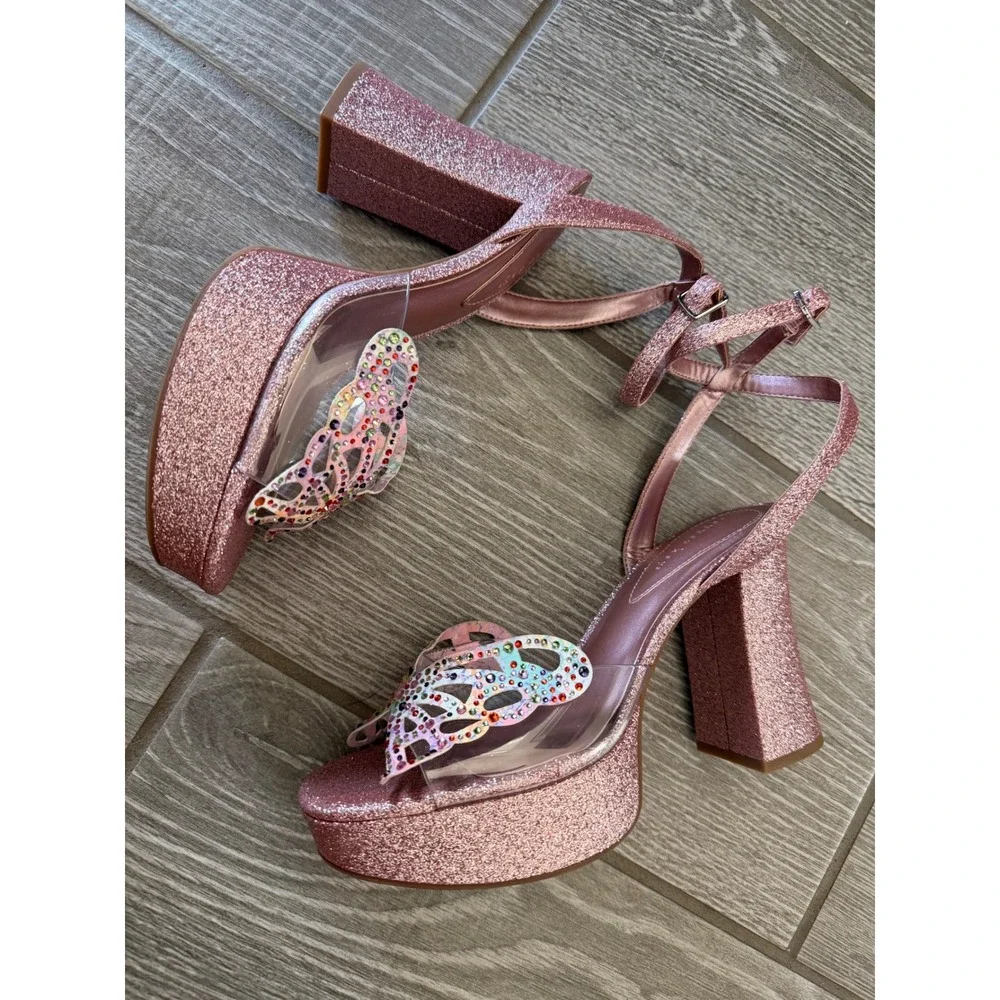 Copper Key Pink Glitter Butterfly Rhinestone Platform Block Y2K Style Heels 7.5